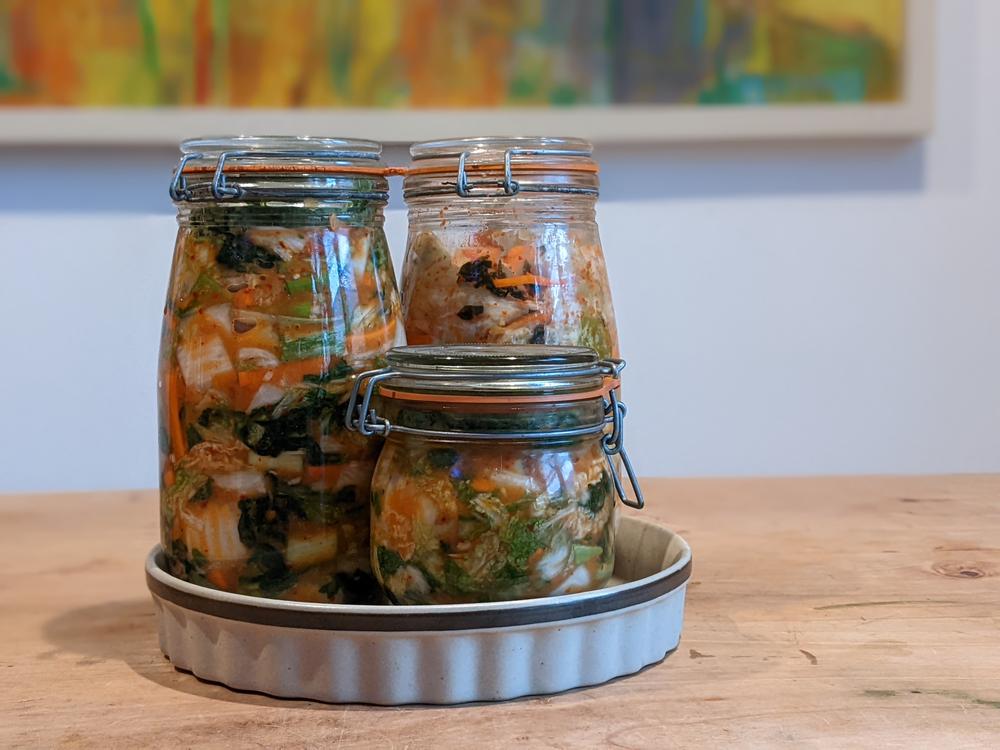 Three jars of my kimchi on the kitchen table