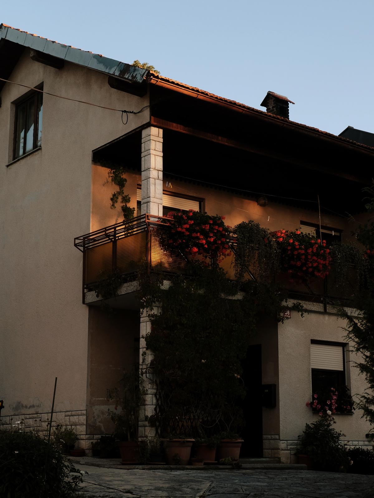 A brilliant golden balcony shimmering in the golden hour. Studeno, Postojna, Slovenia.