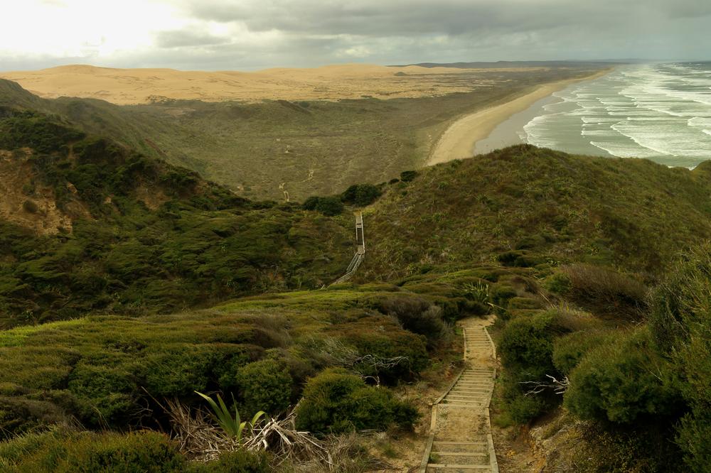 Steps descend from the headland to the beach.