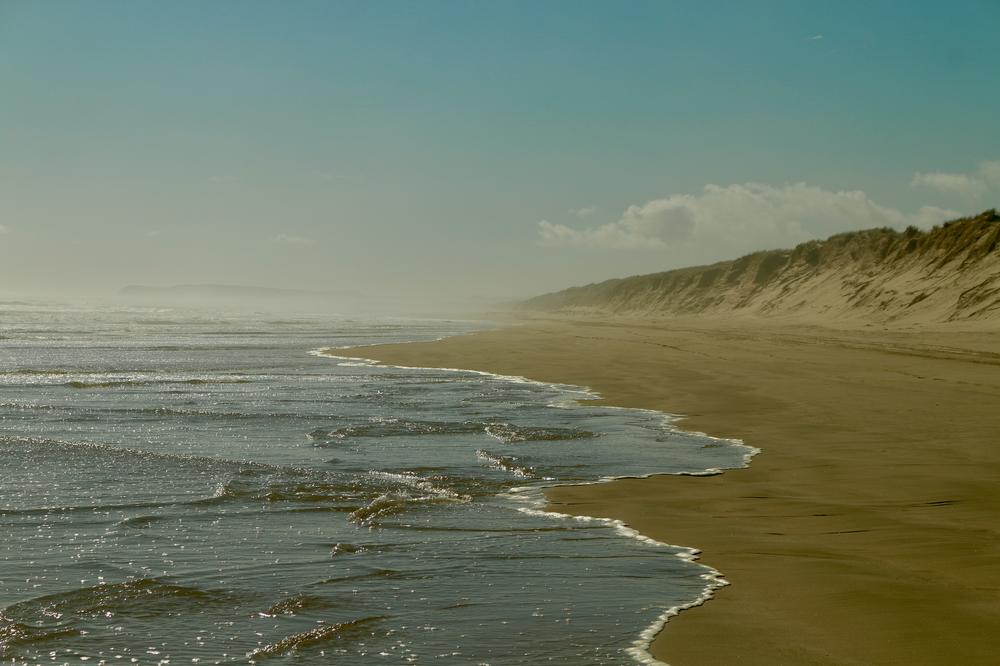 The headland disappears into the haze behind us