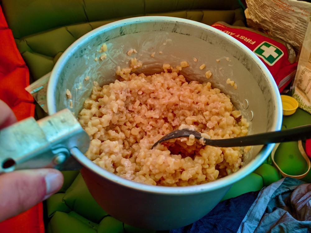 A trail dinner of pasta and TVP.