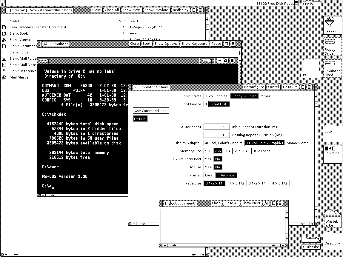 Xerox 6085 with optional PCE board, showing Viewpoint 2.0 desktop and running PC Emulator. Found at www.typewritten.org/Media