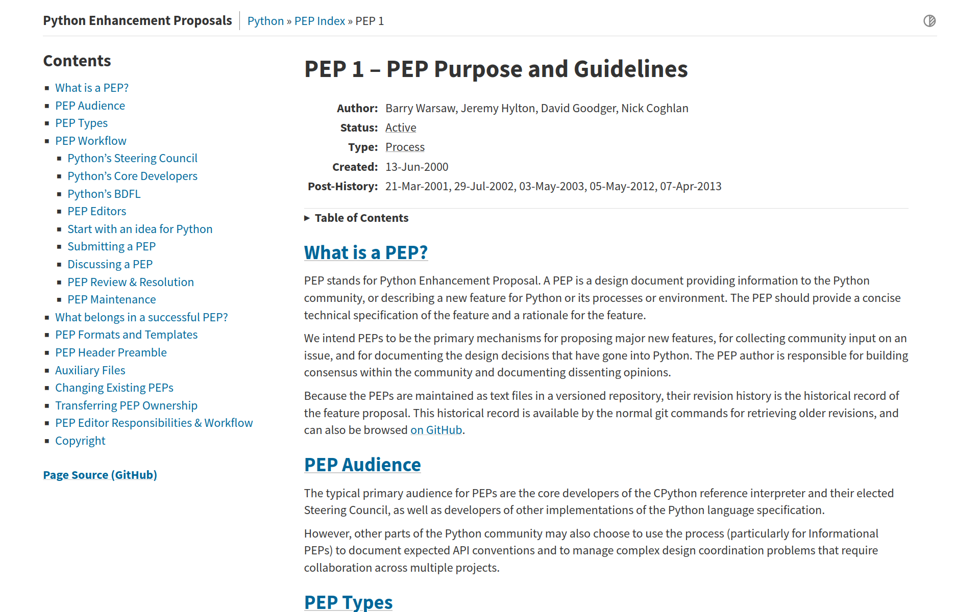 The python.org sidebar as seen beside a PEP